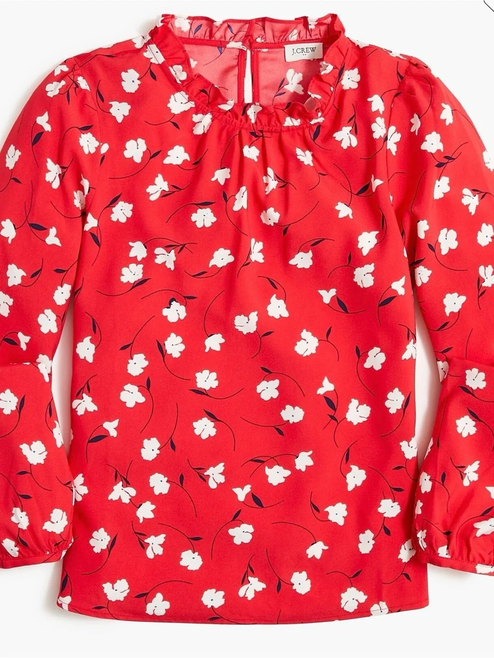 J. CREW | Red and White Floral Print Ruffle Detail Blouse Top Sz. Medium Preppy